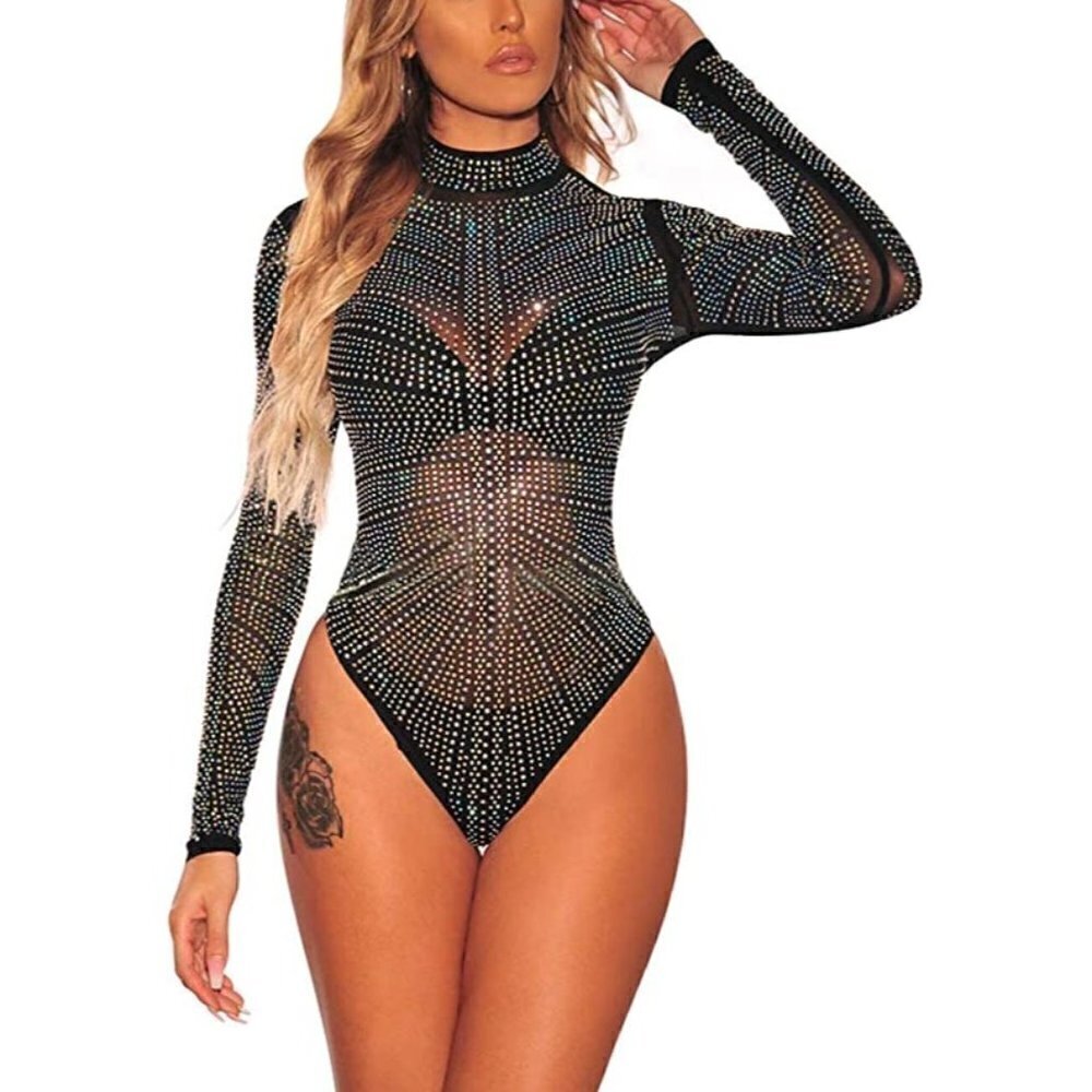 Sexy Sheer Mesh Turtleneck Leotard Bodysuit LS Stretchy NWT